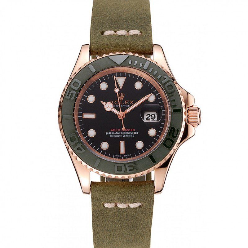 rol€x Yacht-Master Black Dial Green Bezel Rose Gold Case Green Leather Bracelet 1453862