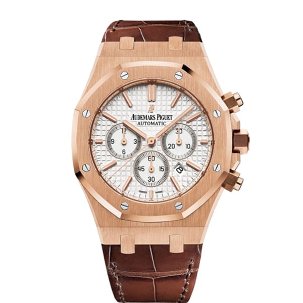AUDEM@RS P!GUET Royal Oak Chronograph 41mm Rose Gold White Dial Leather Strap Watch