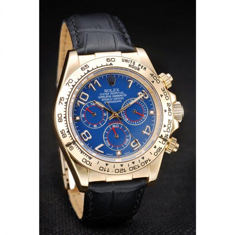 Rolex Daytona Gold Case Blue Dial Black Leather Strap - Orolen