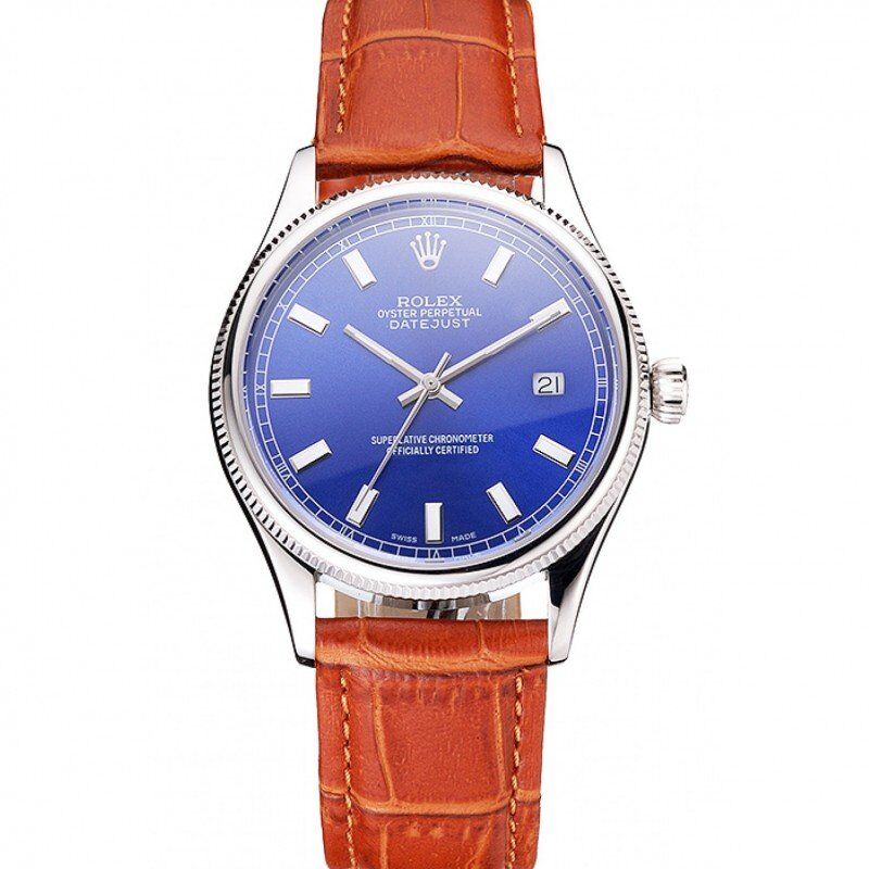 rol€x Datejust Blue Dial Stainless Steel Case Light Brown Leather Strap