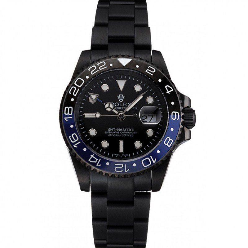 Swiss rol€x GMT Master II Black Dial Blue And Black Bezel Black PVD Case And Bracelet PR18239