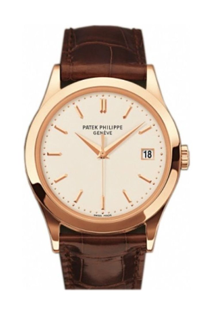 PAT€K PHIL!PPE Calatrava Opaline Dial 18kt Rose Gold Brown Leather Men's Watch 5296R-010