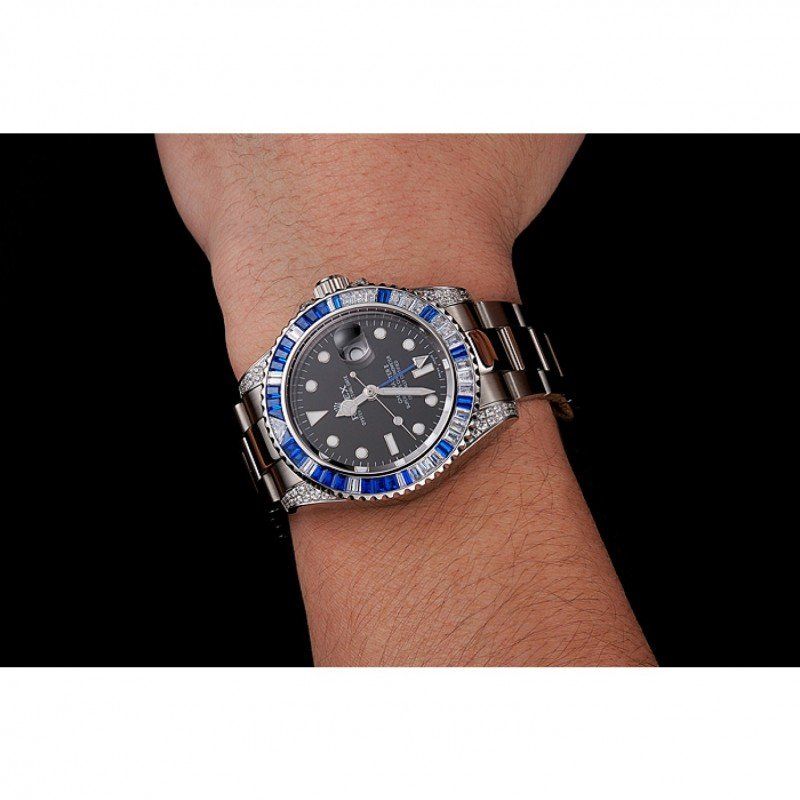 Swiss Rolex GMT Master II Black Dial Stone Set Bezel Stainless Steel Case And Bracelet 1453747 - Orolen