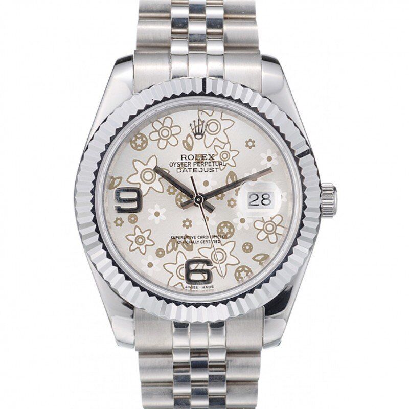 rol€x DateJust Stainless Steel Ribbed Bezel Flower Silver Dial 41983