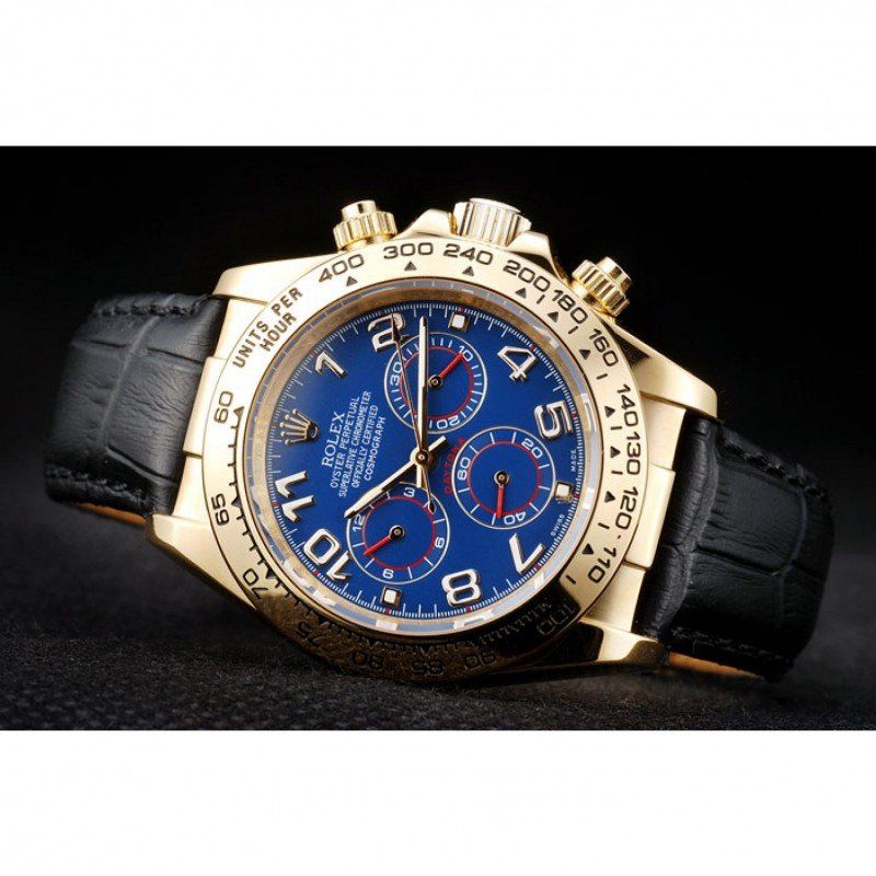 Rolex Daytona Gold Case Blue Dial Black Leather Strap - Orolen