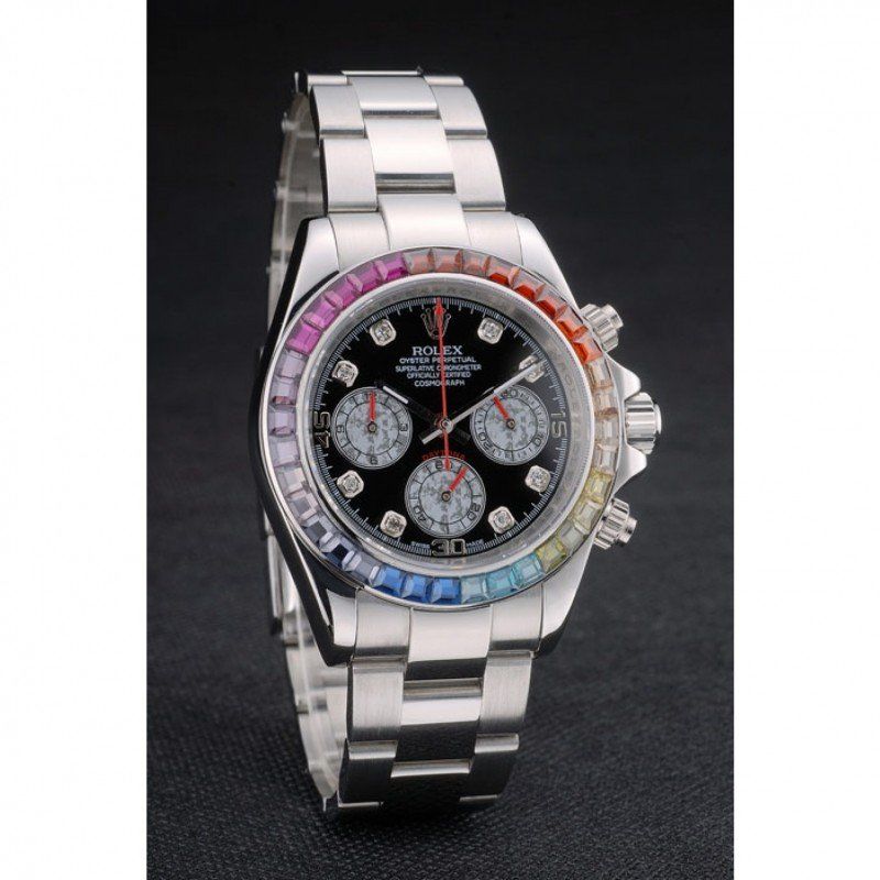 Rolex Daytona Cosmograph Rainbow Crystals Bezel Stainless Steep Strap Black Dial 80250 - Orolen