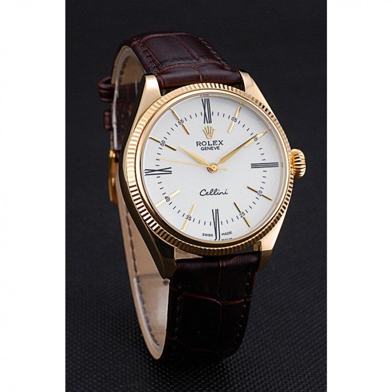 Rolex Cellini White Dial Gold Case Brown Leather Strap 622833 - Orolen