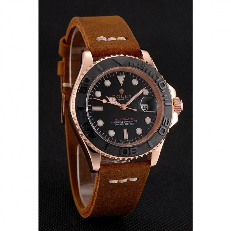 rol€x Yacht-Master Black Dial Rose Gold Case Brown Leather Bracelet 1453861