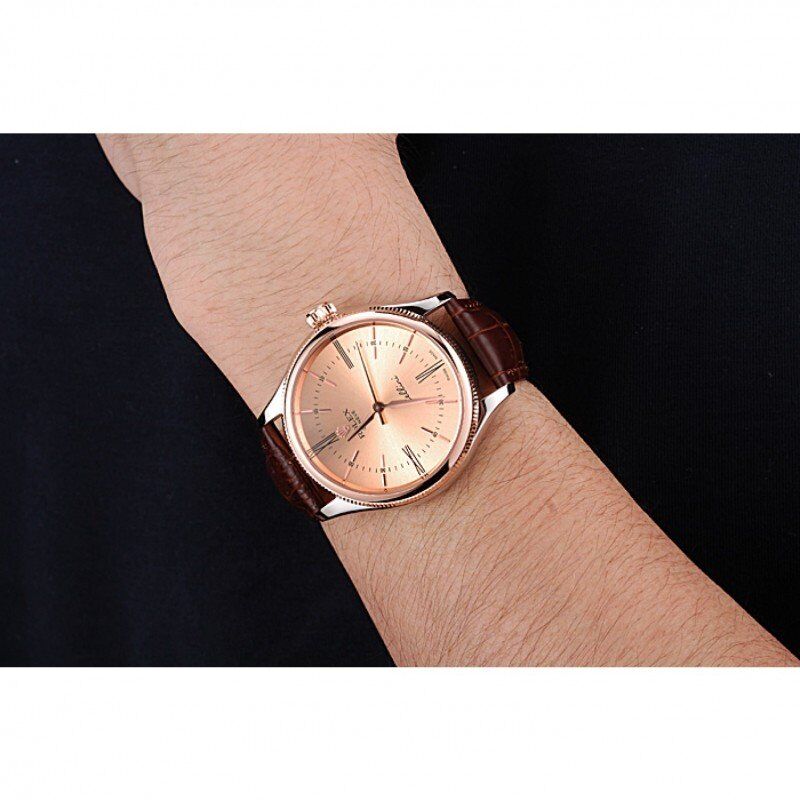 Rolex Cellini Gold Dial And Bezel Stainless Steel Case Brown Leather Strap 622840 - Orolen