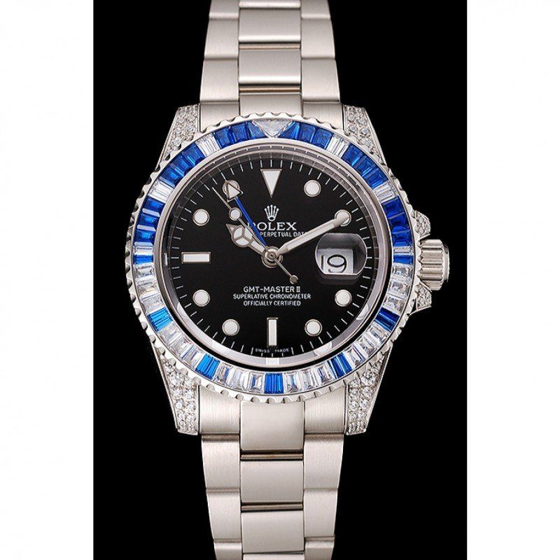 Swiss rol€x GMT Master II Black Dial Stone Set Bezel Stainless Steel Case And Bracelet 1453747