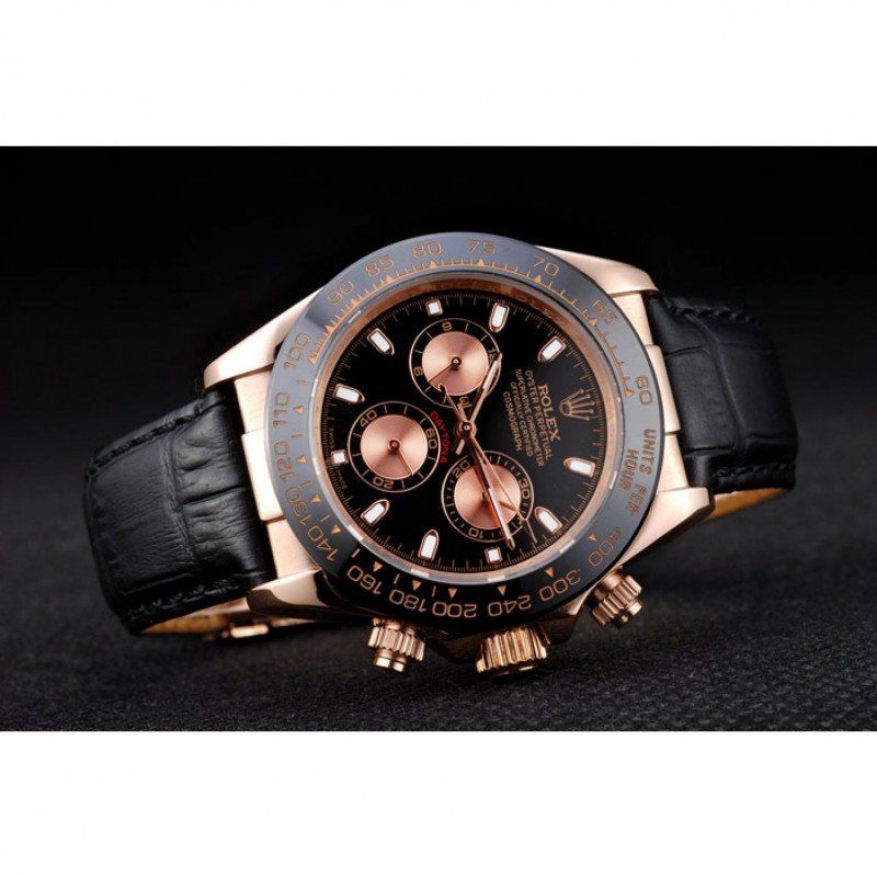 Rolex Daytona Rose Gold Case Black Dial Black Leather Strap - Orolen
