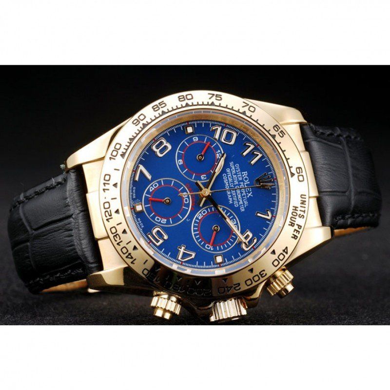 Rolex Daytona Gold Case Blue Dial Black Leather Strap - Orolen