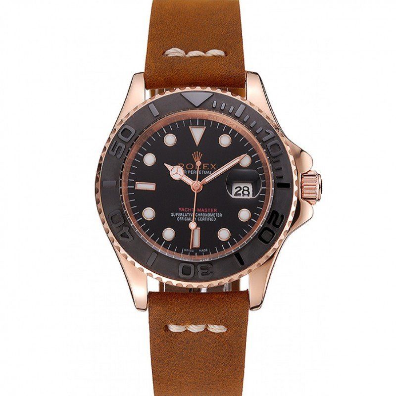 rol€x Yacht-Master Black Dial Rose Gold Case Brown Leather Bracelet 1453861