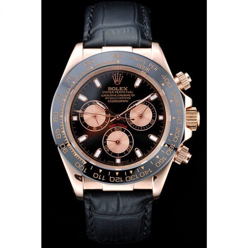 rol€x Daytona Rose Gold Case Black Dial Black Leather Strap