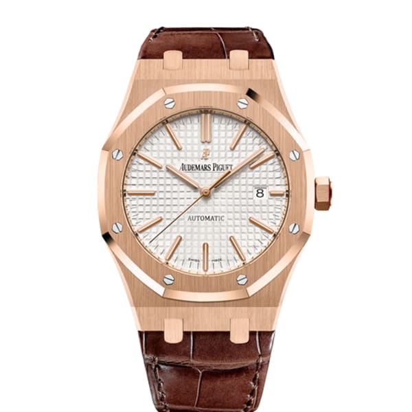 AUDEM@RS P!GUET Royal Oak Selfwinding Silver-toned dial 41mm Rose Gold Leather Strap Watch