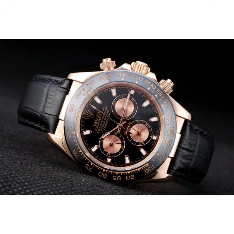 Rolex Daytona Rose Gold Case Black Dial Black Leather Strap - Orolen