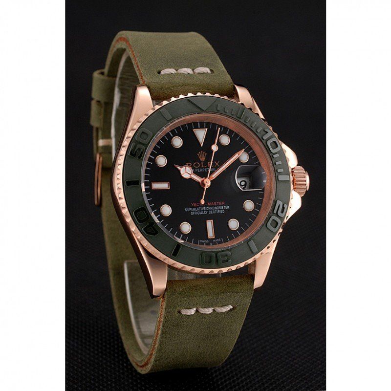 rol€x Yacht-Master Black Dial Green Bezel Rose Gold Case Green Leather Bracelet 1453862