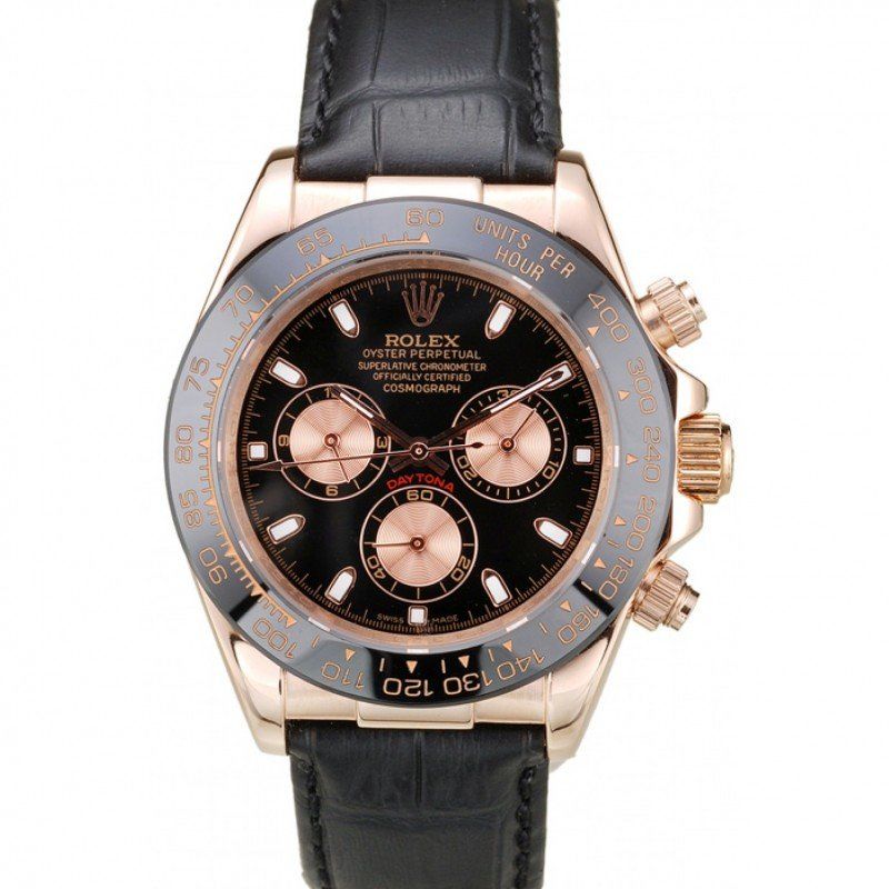 rol€x Daytona Rose Gold Case Black Dial Black Leather Strap