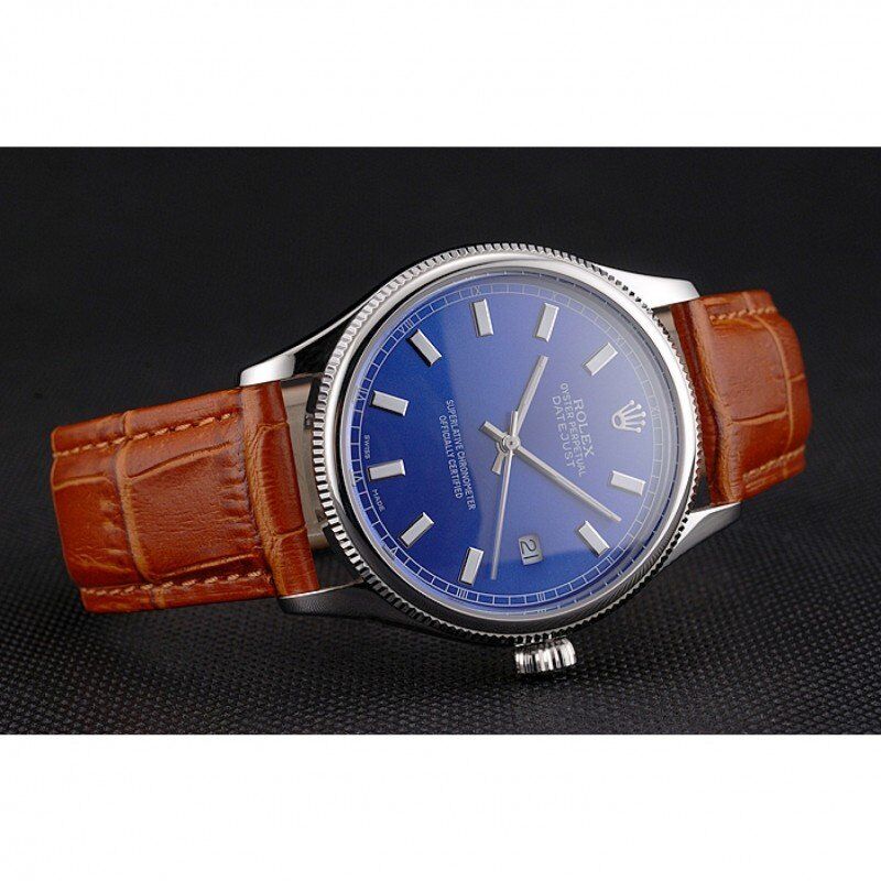 Rolex Datejust Blue Dial Stainless Steel Case Light Brown Leather Strap - Orolen