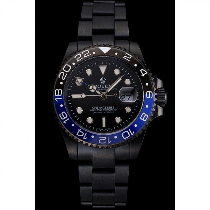 Swiss rol€x GMT Master II Black Dial Blue And Black Bezel Black PVD Case And Bracelet PR18239