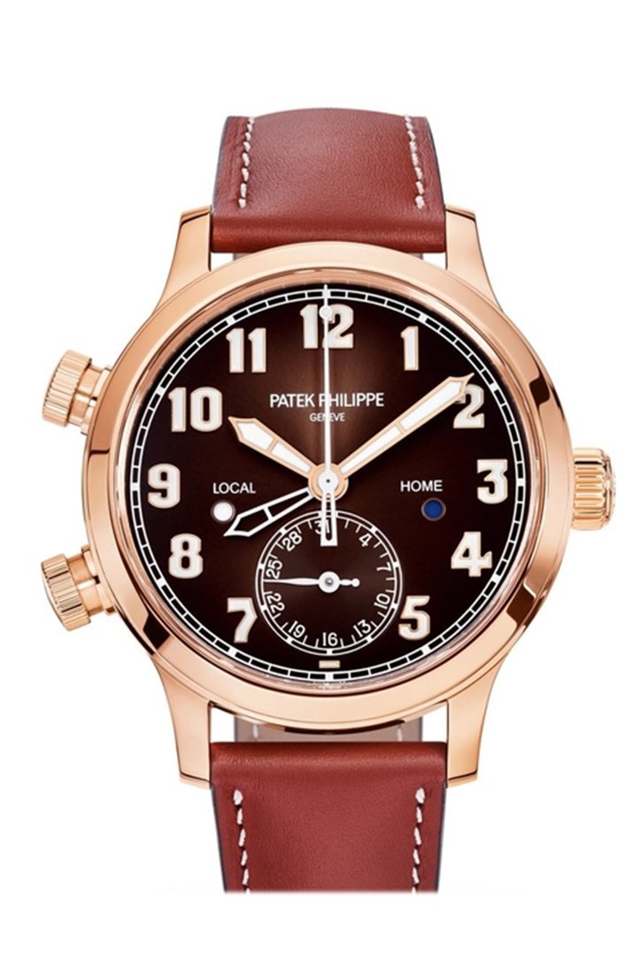 PAT€K PHIL!PPE Complications Calatrava Pilot Travel Time Brown Sunburst Dial Automatic Ladies Watch 7234R-001