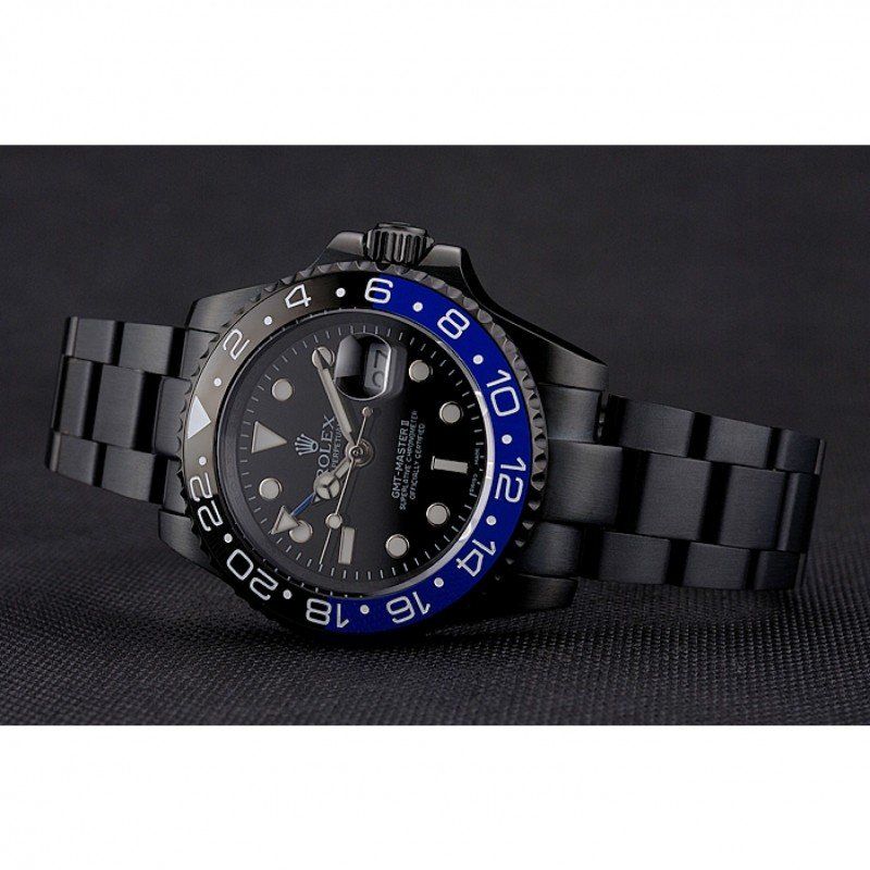 Swiss Rolex GMT Master II Black Dial Blue And Black Bezel Black PVD Case And Bracelet PR18239 - Orolen