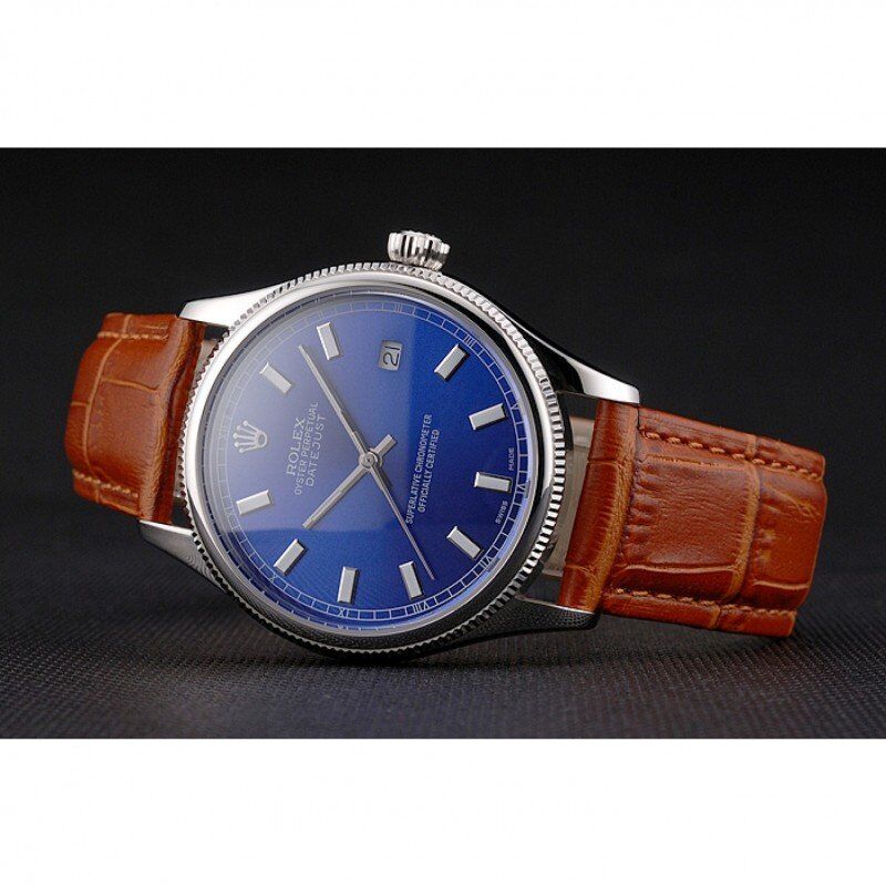 Rolex Datejust Blue Dial Stainless Steel Case Light Brown Leather Strap - Orolen