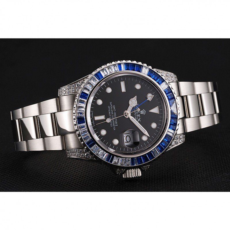 Swiss Rolex GMT Master II Black Dial Stone Set Bezel Stainless Steel Case And Bracelet 1453747 - Orolen