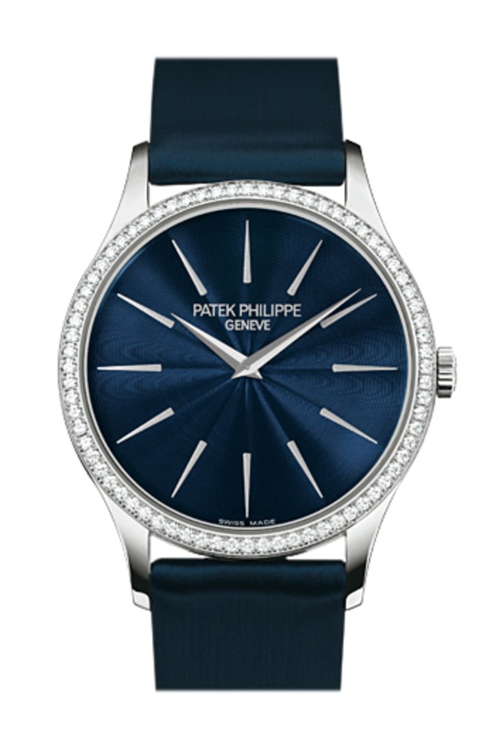 PAT€K PHIL!PPE Calatrava Blue Dial Diamond 18kt White Gold Ladies Watch 4897G-001