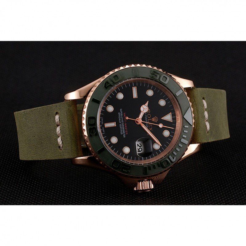 Rolex Yacht-Master Black Dial Green Bezel Rose Gold Case Green Leather Bracelet 1453862 - Orolen