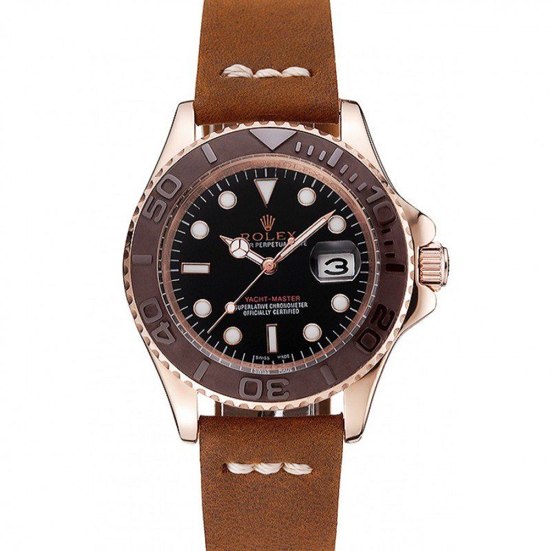 rol€x Yacht-Master Black Dial Brown Bezel Rose Gold Case Brown Leather Bracelet 1453860