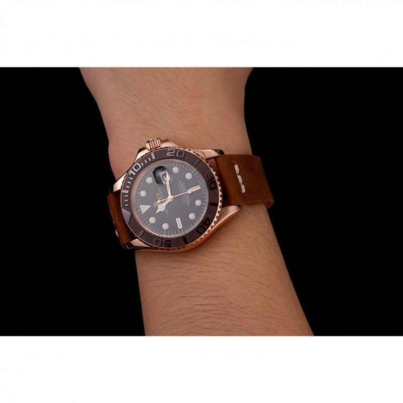 Rolex Yacht-Master Black Dial Brown Bezel Rose Gold Case Brown Leather Bracelet 1453860 - Orolen