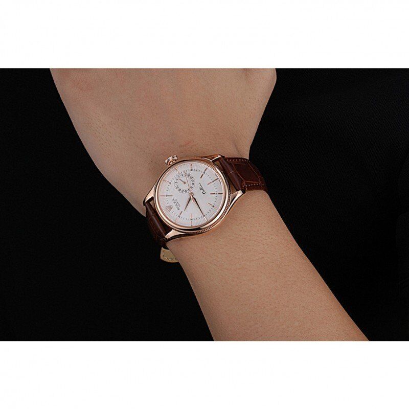 Rolex Cellini White Rose Dial Gold Case Brown Leather Bracelet 622725 - Orolen