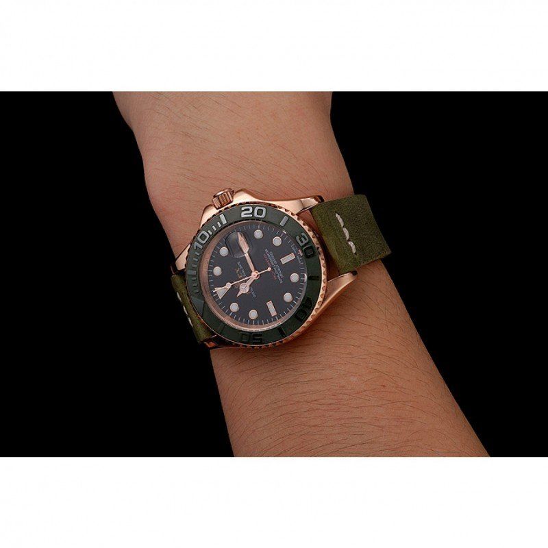 Rolex Yacht-Master Black Dial Green Bezel Rose Gold Case Green Leather Bracelet 1453862 - Orolen