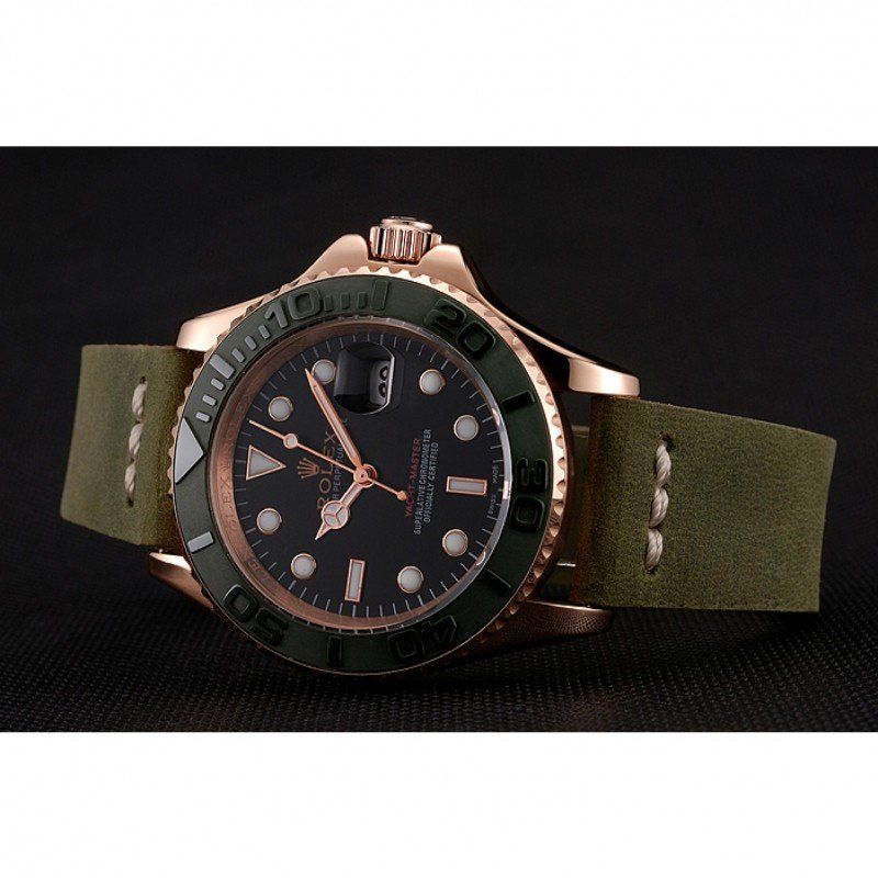 Rolex Yacht-Master Black Dial Green Bezel Rose Gold Case Green Leather Bracelet 1453862 - Orolen