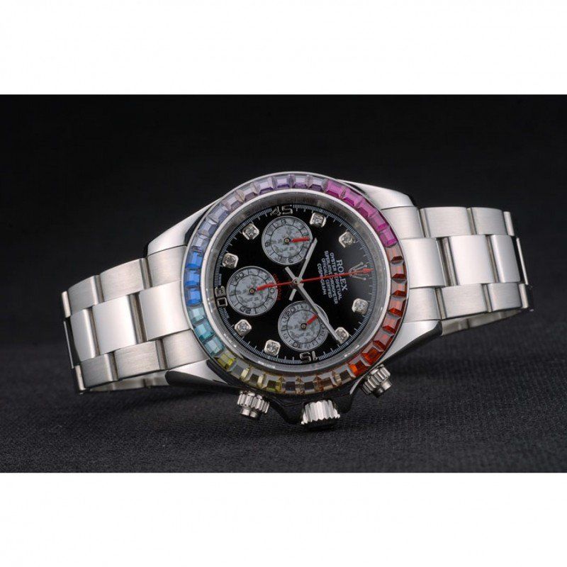 Rolex Daytona Cosmograph Rainbow Crystals Bezel Stainless Steep Strap Black Dial 80250 - Orolen