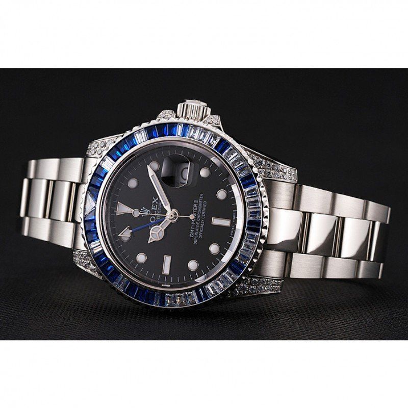 Swiss Rolex GMT Master II Black Dial Stone Set Bezel Stainless Steel Case And Bracelet 1453747 - Orolen