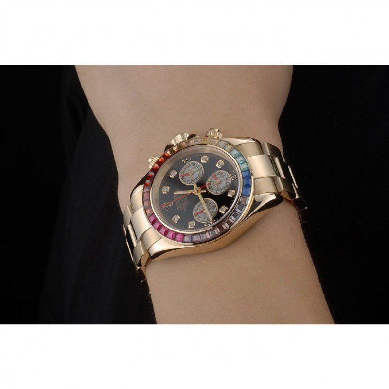 Rolex Daytona Cosmograph Rainbow Crystals Bezel Rose Gold Strap Black Dial 80251 - Orolen
