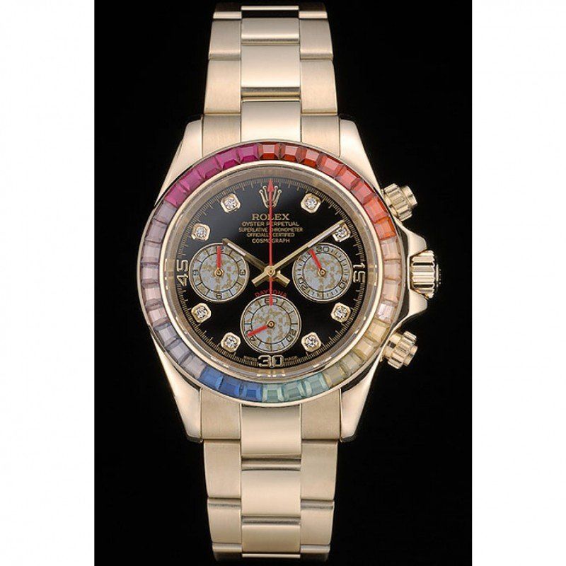 rol€x Daytona Cosmograph Rainbow Crystals Bezel Rose Gold Strap Black Dial 80251