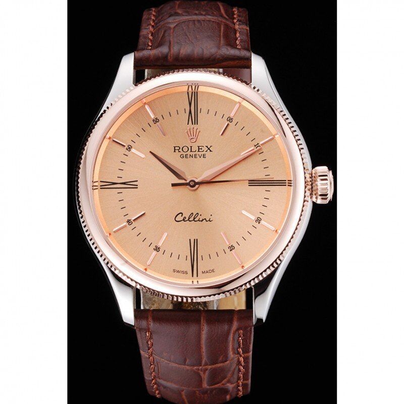 rol€x Cellini Gold Dial And Bezel Stainless Steel Case Brown Leather Strap 622840