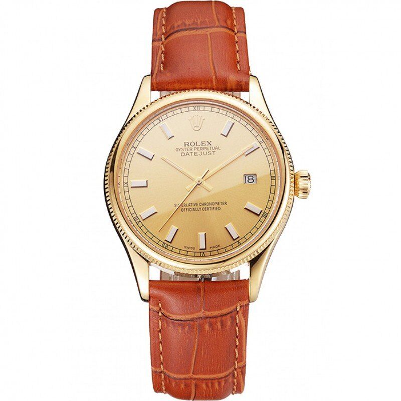 rol€x Datejust Gold Dial Gold Case Light Brown Leather Strap