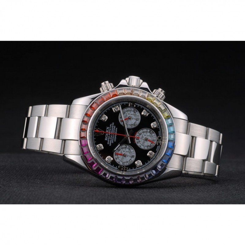 Rolex Daytona Cosmograph Rainbow Crystals Bezel Stainless Steep Strap Black Dial 80250 - Orolen