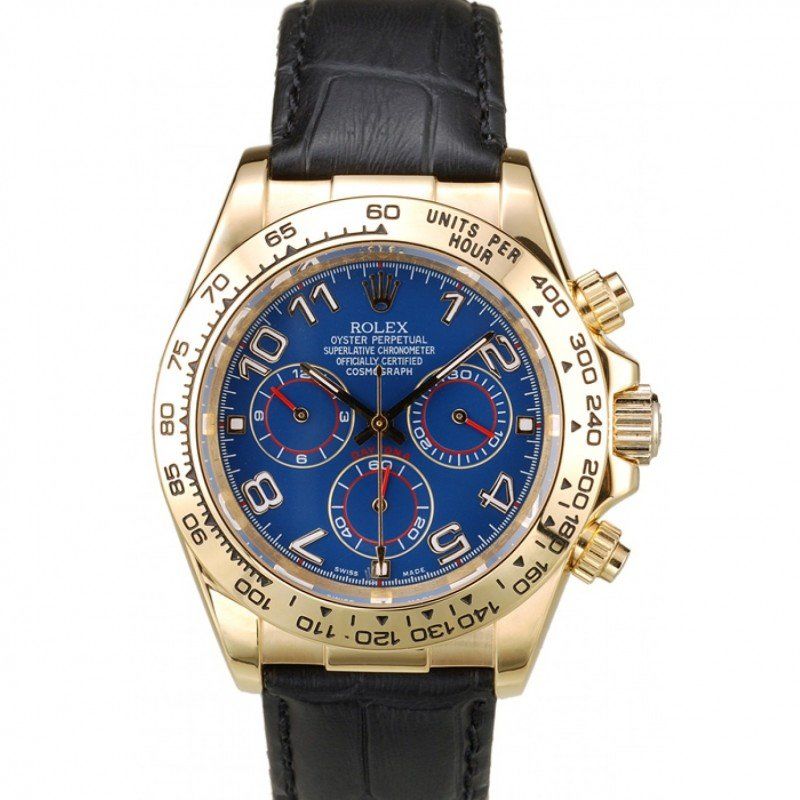 rol€x Daytona Gold Case Blue Dial Black Leather Strap