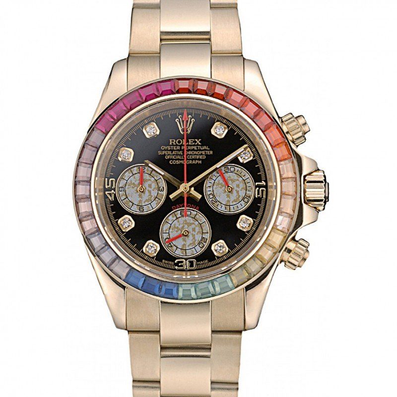 rol€x Daytona Cosmograph Rainbow Crystals Bezel Rose Gold Strap Black Dial 80251