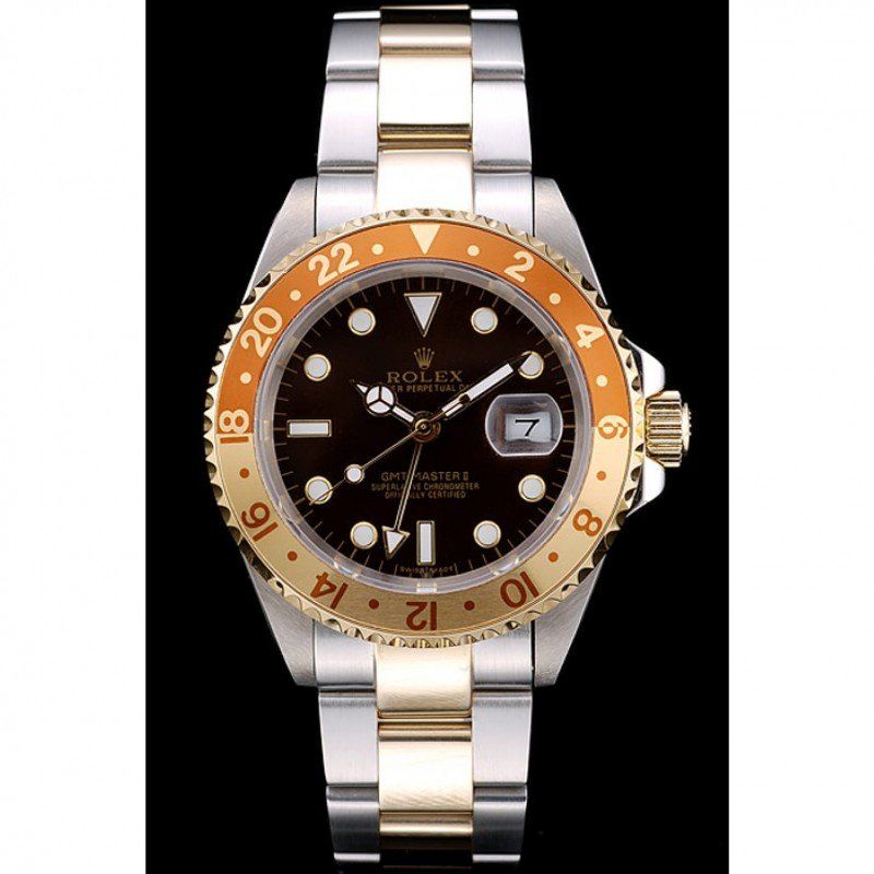 rol€x GMT Master II Gold Colored Ceramic Bezel Brown Dial Watch
