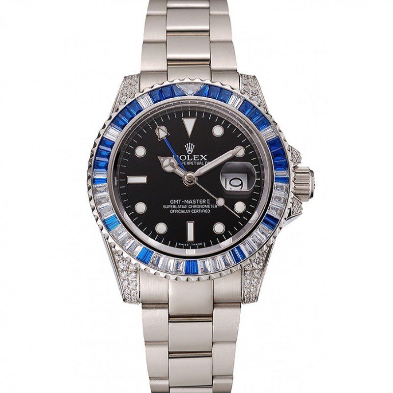 Swiss rol€x GMT Master II Black Dial Stone Set Bezel Stainless Steel Case And Bracelet 1453747