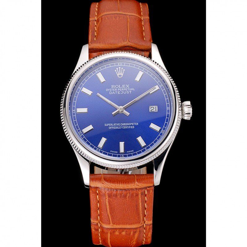 rol€x Datejust Blue Dial Stainless Steel Case Light Brown Leather Strap