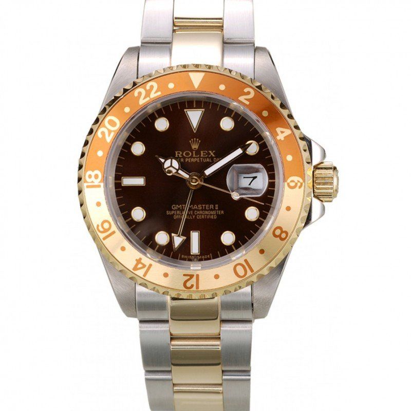 rol€x GMT Master II Gold Colored Ceramic Bezel Brown Dial Watch
