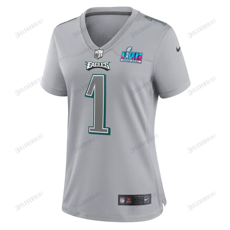 Jalen Hurts 1 Philadelphia Eagles Women Super Bowl LVII Patch Atmosphere Fashion Game Jersey - Gray