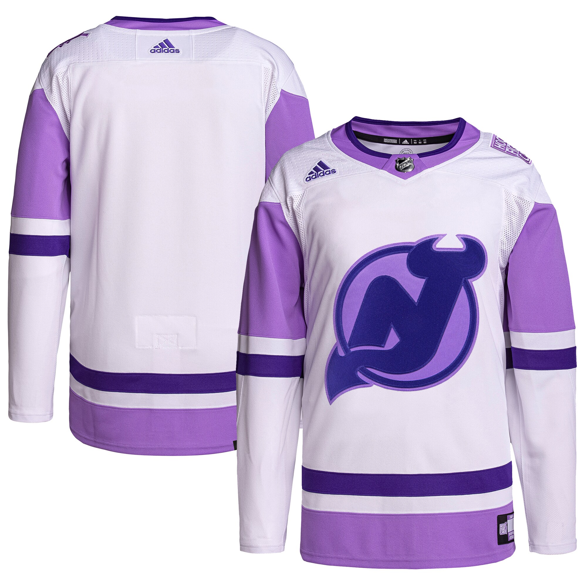 New Jersey Devils adidas Hockey Fights Cancer Primegreen Authentic Blank Practice Jersey - White/Purple